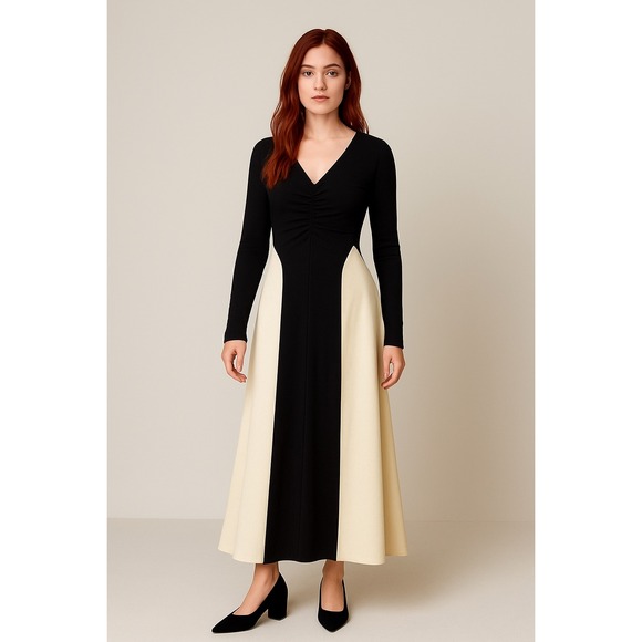 Commense Long Sleeve Maxi Dress Color Block V Neck Casual Elegant - Size XS - Picture 2 of 12